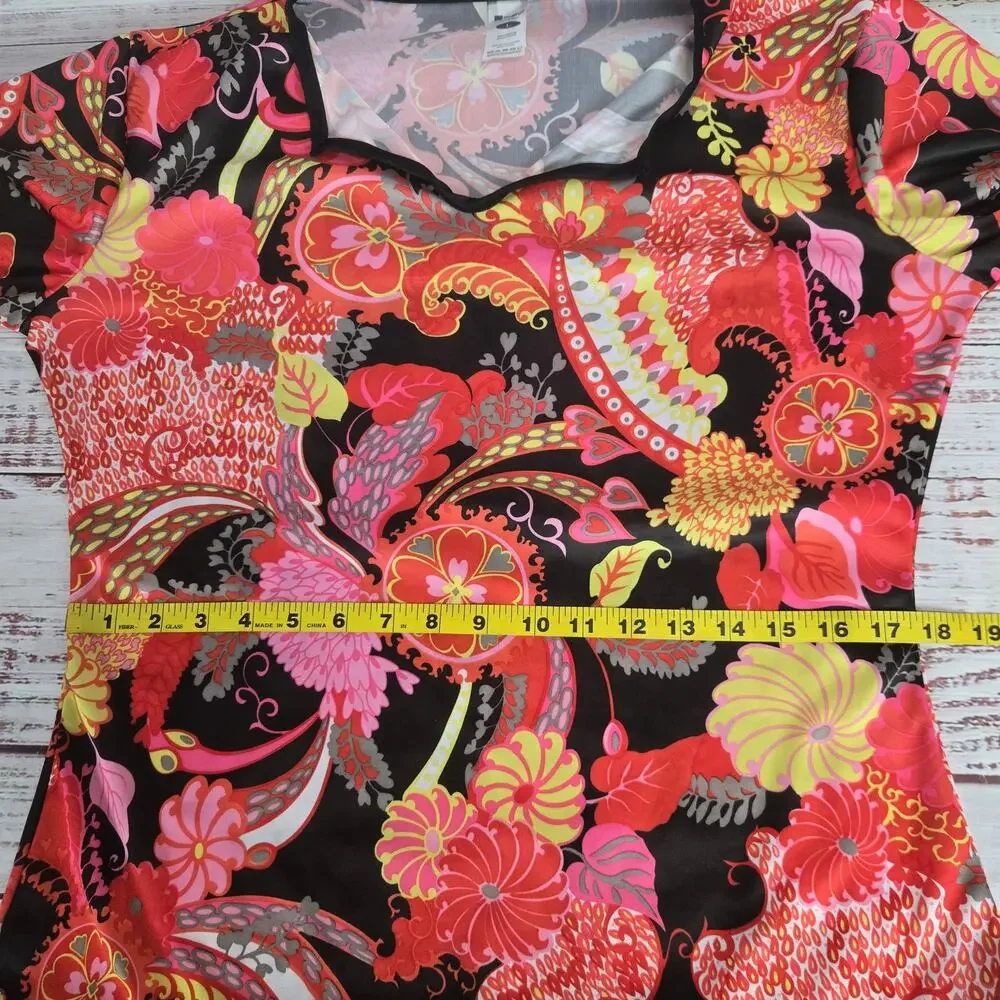 Boho Flower Power Hippy Top L 70s Psychedelic Silky Super Flare Sleeves Festival